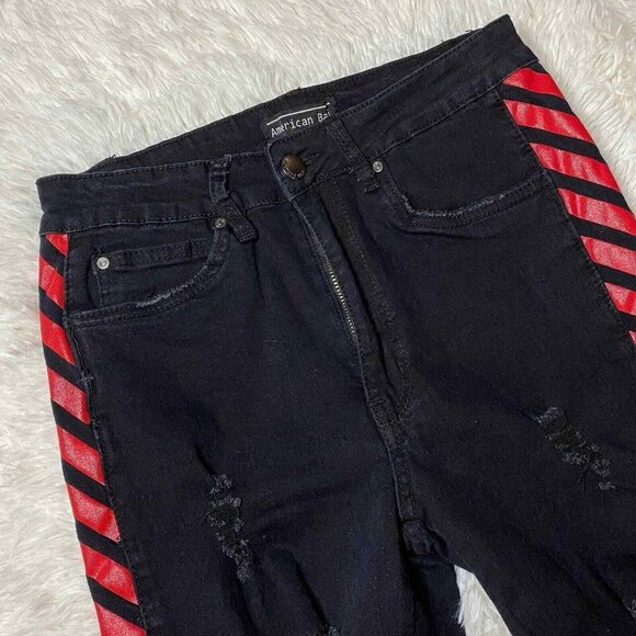 American Bazi Skinny Jeans Womens 5 Black Red Stripe Distressed High Waist - Picture 2 of 7